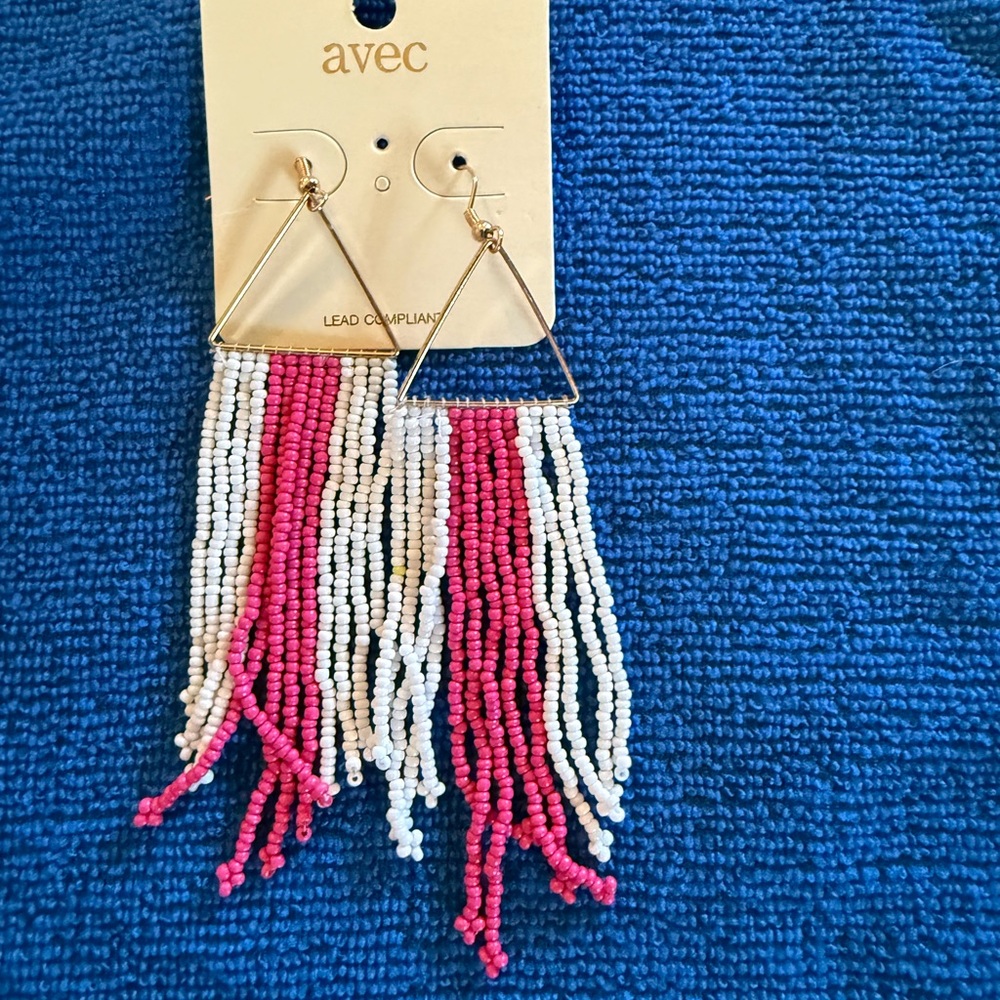 Avec Pink & White Beaded Fringe Triangle Earrings